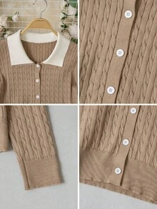 Autumn/Winter Retro Preppy Contrast Color Polo Collar Cable Knit Long Sleeve Cardigan Women Khaki Slim Fit Cropped Jacket Commute Date Halloween Fall - Camel - View 9