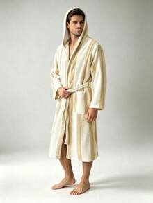 Two-tone Pineapple Pattern Hooded Bathrobe - Brown & White