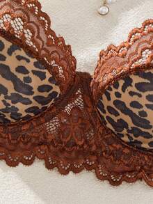 Women's 2-Piece Coffee Leopard Print Lace Floral Lingerie Set, Includes Soft Short Sleeve Pajama Top And Thong - Coffee Brown - View 3