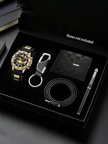 5-Piece Set Fashion Men's Sports Watch Calendar Accessory Set: Pen + Belt + Keychain + Embossed Wallet, Father's Day Gift, Back To School, Daily Life - Multicolor - View 4