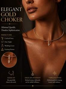STONEFANS 1pc Women's Elegant Gold Rigid Collar Necklace With Sparkling Crystal Water Drop Pendant, Minimalist Clavicle Chain, Suitable For Wedding Guest, Cocktail Party - Gold - View 2