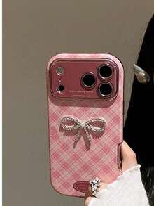 Ins Style Houndstooth Pink Bow Phone Case Compatible With Iphone 16, 17 Pro Max, 15, 14, 18 Pro Max, Full Coverage Anti-Drop, Niche Design For Women - Pink - View 3