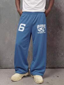 Men's Printed Casual Sweatpants, Loose Straight Leg Sports Pants, Streetwear Letter Design, Comfortable Versatile Slimming Long Pants - Blue - View 10