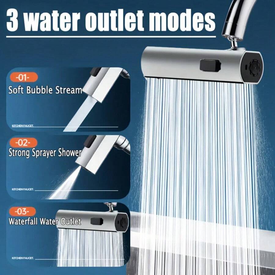 1 Set Kitchen Faucet Aerator, 3-In-1 Faucet Extension Head 360° Rotating Waterfall, Water-Saving Aerator, 3 Flow Modes | Polished End, Pressurized Extension Tube, Anti-Splash Nozzle, RV Kitchen Faucet, Kitchen Sink Faucet - Multi-color - View 1
