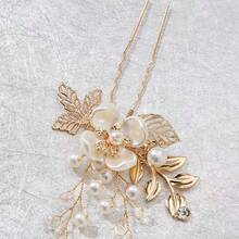 Bridal Vintage Handmade Faux Pearl Flower Hair Pin Elegant Xiuhe Bun Hair Accessory Gold Leaf U-Shaped Hair Pin - Multicolor - View 7