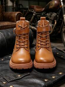 1 Pair Brown Short Boots, Metal Buckle Decor + Soft PU Fabric, Round Toe Elastic Sole, Front Lace-Up + Inner Zipper Motorcycle Boots, Suitable For Men And Girl Campus Wear, Daily, Holiday, Vacation, Outdoor - Brown - View 4