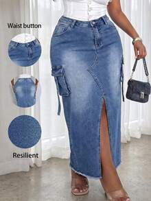 Gonna in denim con spacco in vita alta, gonna aderente a-line per primavera & autunno, taglie forti & petite casual - Blu lavato medio - Visualizzare 10
