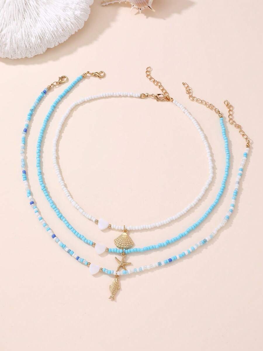 3pcs Girls Colorful Seed Bead Heart Pendant Necklace Set - Multicolor - View 1