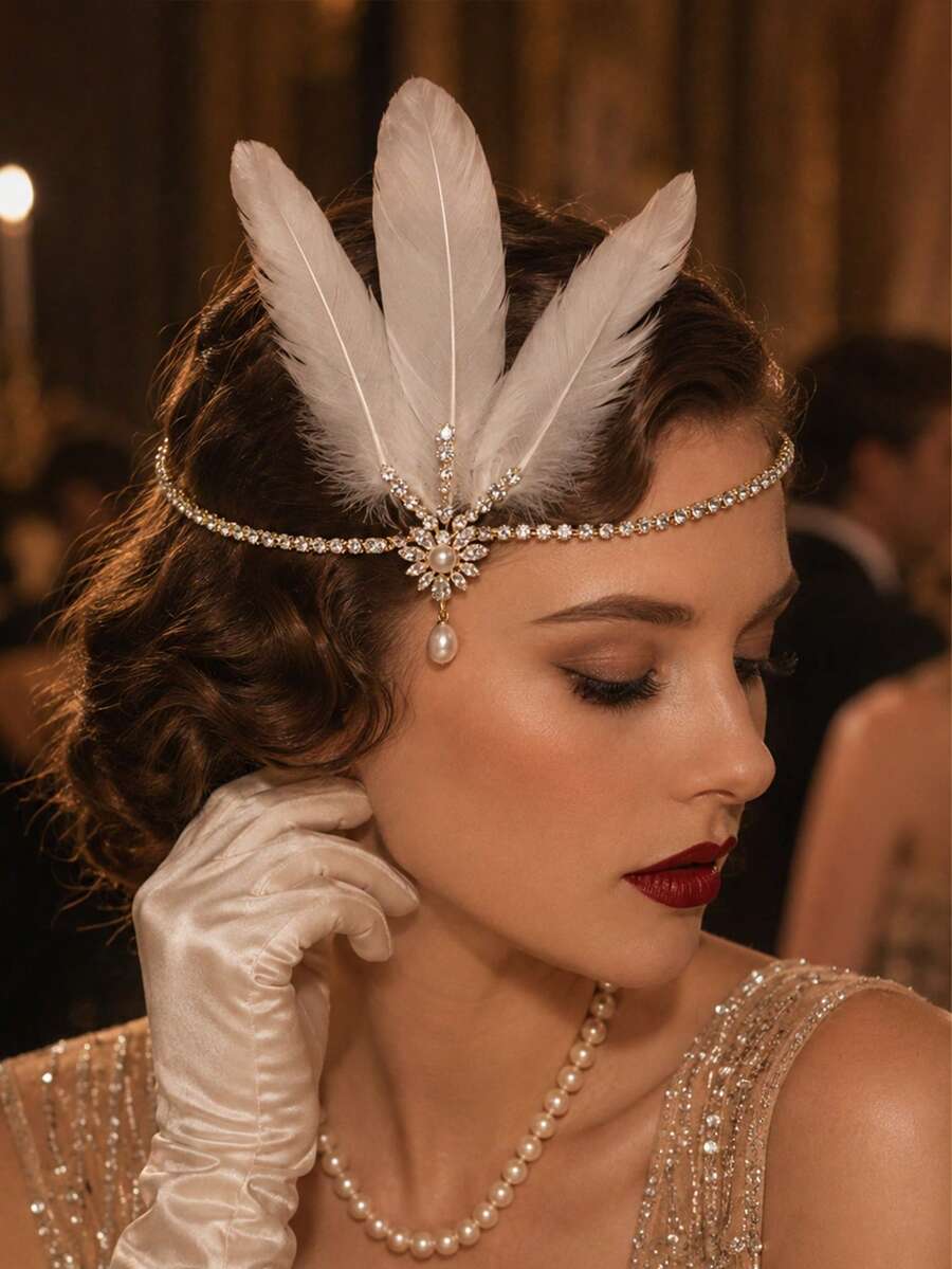 1pc 1920s Flapper 3 White Feather Headband With Rhinestone & Pearl Dangle Pendant, Gatsby Women's Evening Party Headpiece - Rhinestones - View 1