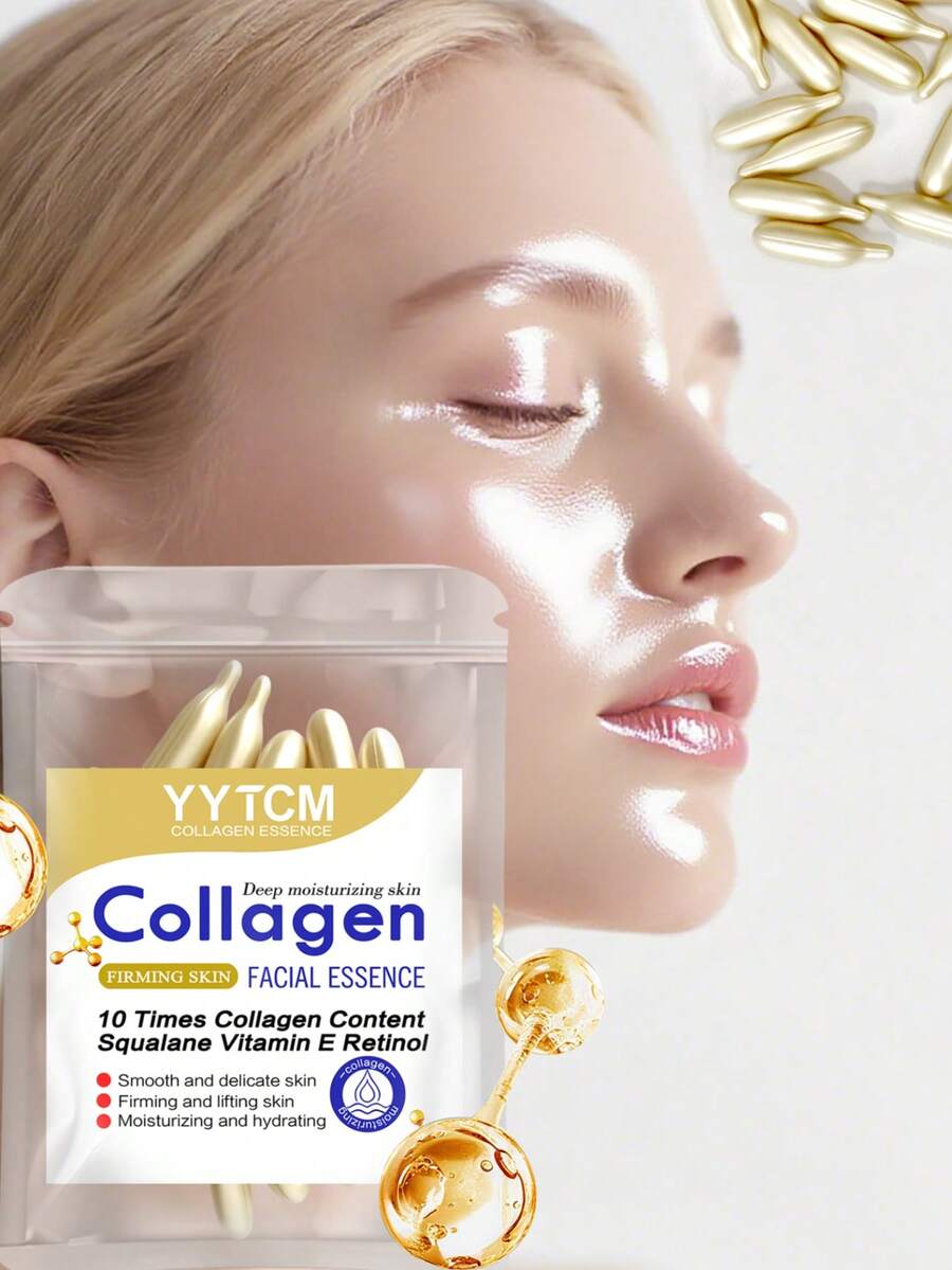 YYTCM 膠原蛋白緊緻臉部膠囊精華液，保濕滋潤使肌膚光滑，含植物萃取角鯊烷、視黃醇與維生素E，深層滋養臉部護膚，0.4g*30顆/袋，1袋