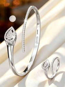 1 Set Women's Water Drop Pave Zirconia Open Bangle & Ring 2 Pieces Set, Luxury High-End Jewelry Set For Party, Commute And Versatile Matching - Jewelry Set - View 7
