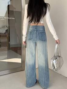 Celana Jeans Wanita Gaya Amerika Model Lebar dengan Potongan Longgar dan Pinggang Tinggi, Panjang Hingga Lantai, Desain Musim Panas - biru antik - View 5