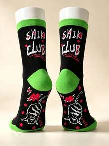 1 Pair, Multiple Style Options, Women's Fun Black Cat Pattern Crew Socks, Vintage Street Style Letter Print Mid-Calf Socks, Y2K Punk Neon Green Ankle Casual Fashion Socks, Novel Daily Wear Socks - Multicolor - View 6