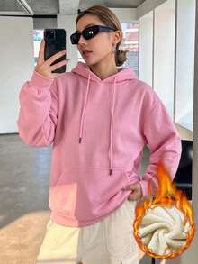 Women's Thermal Lined Hooded Sweatshirt, Casual Drawstring Kangaroo Pocket Loose Fit Sweatshirt, Thick Warm Plush Lining Pullover - Pink - View 2