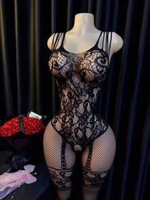 4pcs Women Lace Bodystocking Lingerie, Floral Fishnet Romantic Sleepwear For Date Night - Black - View 6