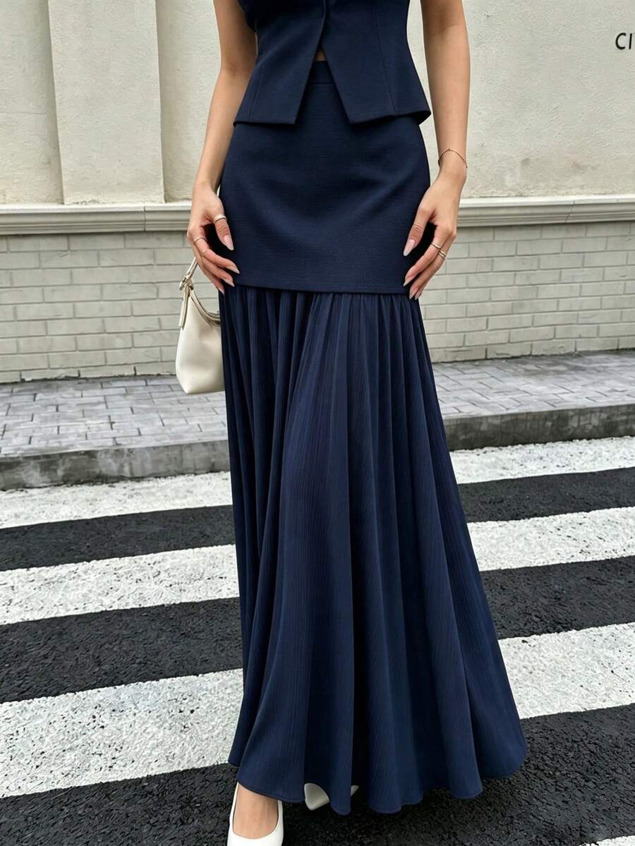 Seelio 春夏新款時尚百搭女款針織百褶拼接裙 - 藏蓝色 - 查看 1