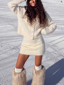 Minimalist Sexy Sexy Women's Soft Fluffy Cable Knit 2 Pieces Set, Autumn/Winter V-Neck Cropped Cardigan + Bodycon Mini Skirt Sweater Set - White - View 8