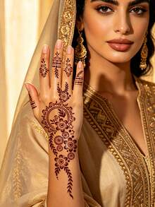 4pcs Henna Tattoo Stencil Set For Left & Right Hands, Traditional Floral Wreath + Fresh Flower Designs, Suitable For Wedding, Eid, Islamic Festivals, Music Festivals, Photoshoot - Black - View 3