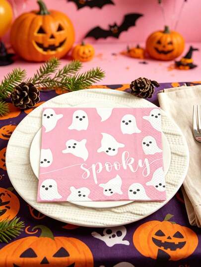 20pcs/5pcs Pink Ghost Theme Halloween Napkins, Halloween Pink Ghost Disposable Napkins Double-Sided Printed Dessert Dinner Hand Towels Party Supplies, Party Decoration Napkins, Boo Theme Baby Shower Party Supplies
