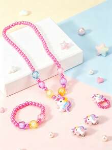 5pcs/Set Perhiasan Manik-Manik Unicorn Anak-Anak Kalung Gelang Jepit Telinga Cincin Aksesoris Kartun Lucu untuk Anak Perempuan - Satu-Ukuran - View 1