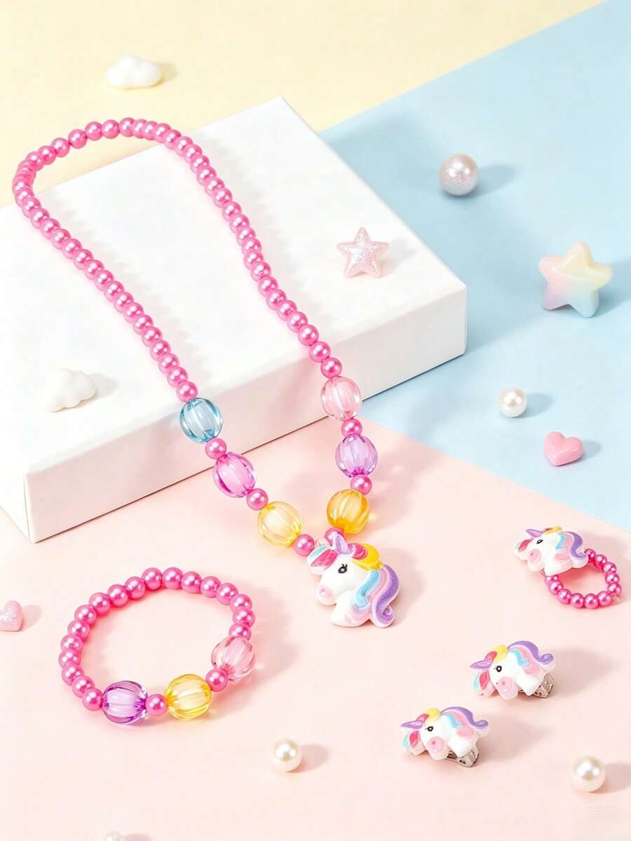 5pcs/Set Perhiasan Manik-Manik Unicorn Anak-Anak Kalung Gelang Jepit Telinga Cincin Aksesoris Kartun Lucu untuk Anak Perempuan - Satu-Ukuran - View 1