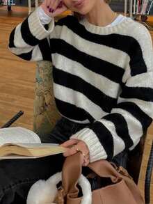Women's Classic Black And White Striped Loose Sweater, Versatile Knit Top For Daily Commute, Outerwear And Layering Fall - Black and White - View 3