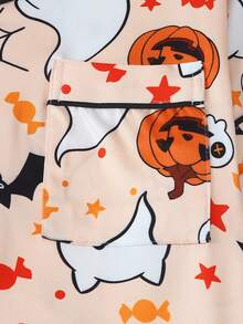 2pcs Halloween Ghost Bat Pumpkin Pattern Short Sleeve Collared Top And Bow Shorts Women's Pajama Set - Apricot - View 4