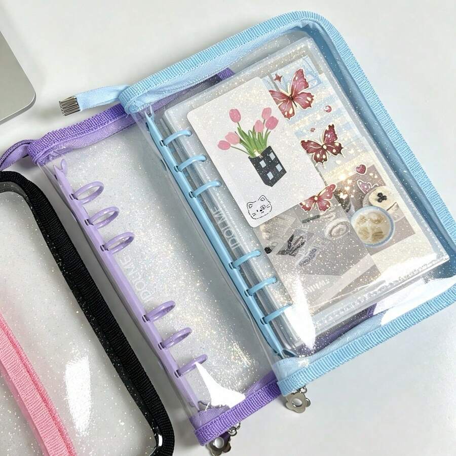 1件 A6 亮片拉鍊活頁夾,透明收納袋,貼紙收納本,鉛筆盒,PVC 材質,A6 PP 高透明內頁替換頁,IDOLME,適用於文件袋/集郵簿/剪貼簿/貼紙本/鉛筆盒,K-Pop 相簿,儲蓄簿,日記本,計畫本等 - A6 - 查看 1