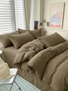 Blue And White Color Block Washed Polyester Skin-Friendly 3 PiecesDuvet Cover Set - Maroon - View 3
