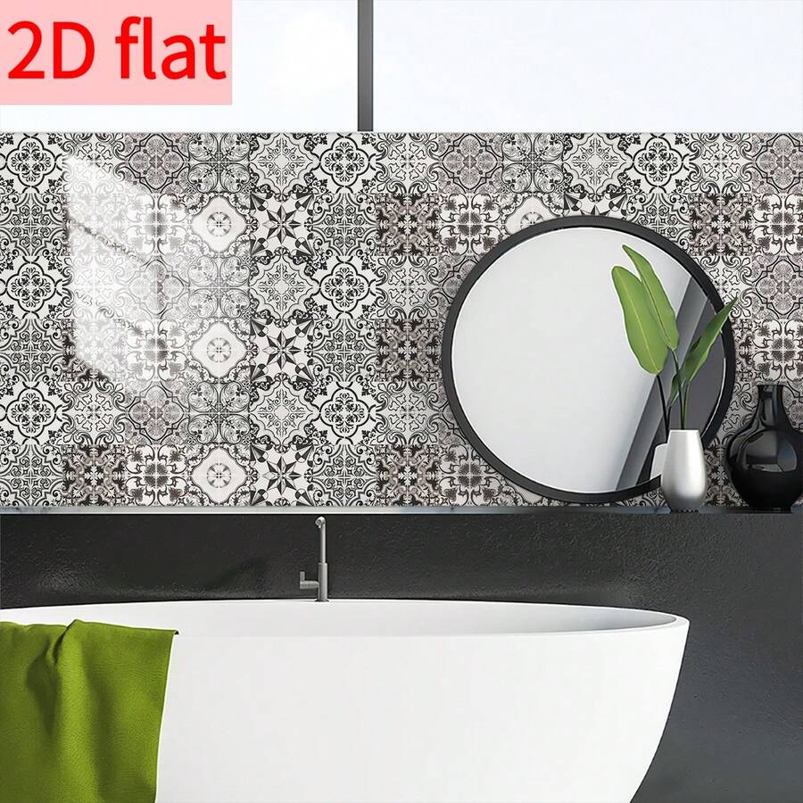 10PCS Retro Black And White Floral Self-Adhesive Tiles, Featuring European Geometric Pattern Design, Made Of Waterproof And Moisture-Resistant PVC Material. Suitable For Use In Bathrooms, Showers, And Kitchen Countertops/Wall Renovations.