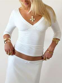 Womens Surplice Wrap Deep V 3/4 Sleeve Crop Top, Side Ruched Stretch Slim Y2K Layering Going Out Blouse - White - View 2
