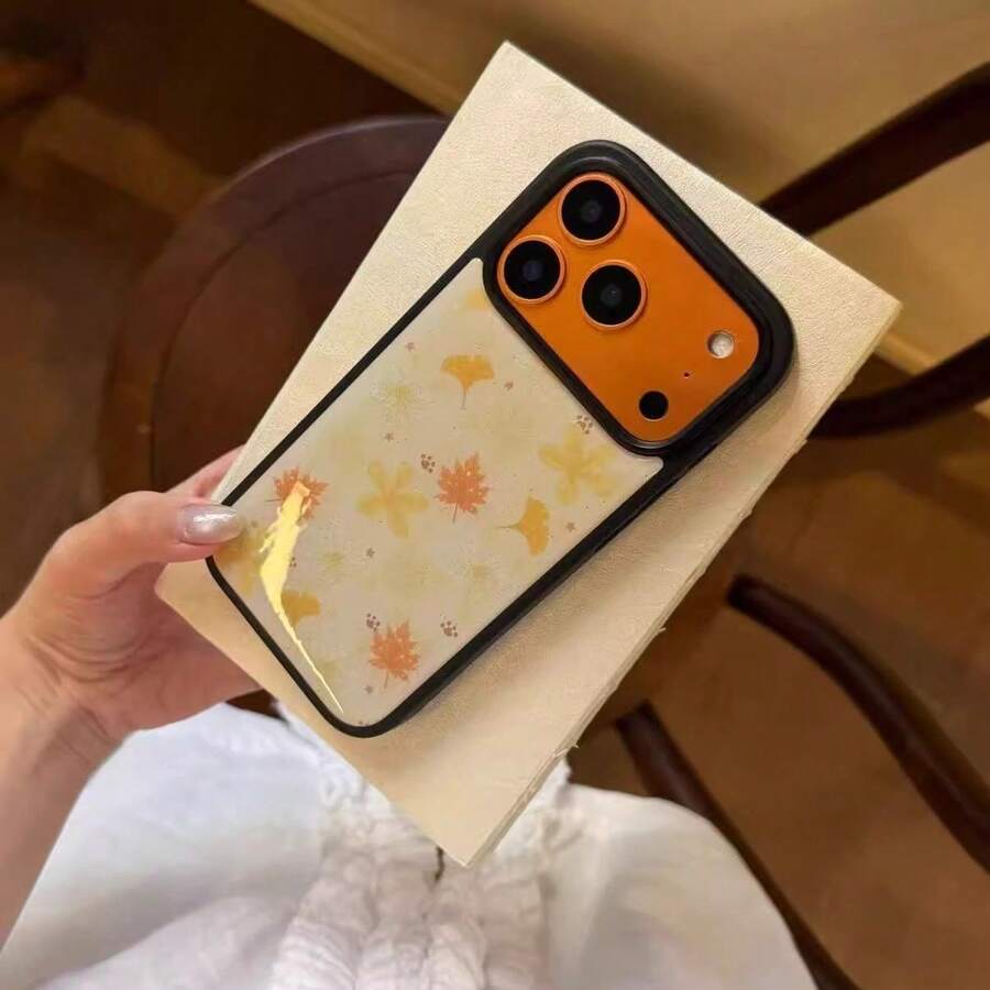 1pc Autumn/Winter Pale Yellow Maple Leaf Aesthetic Phone Case Compatible With Apple 17 Pro Max Premium Protective Cover - Black - View 1