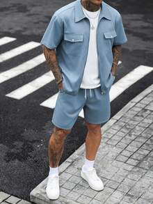Men's Casual Solid Color Zipper Placket Pocket Shirt And Shorts Set - Dusty Blue - View 8