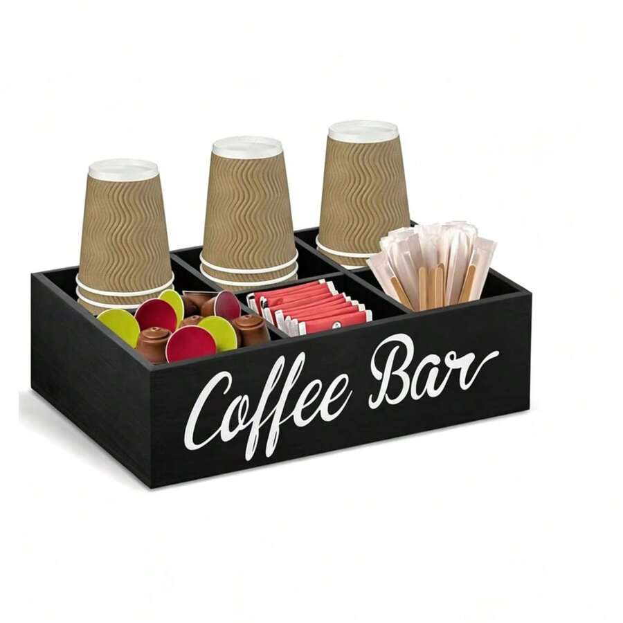 Wooden Coffee Bar Storage Organizer, 6-Compartment Coffee Station Rack For Coffee Capsules, Tea Bags, Sugar And Straws, Suitable For Rustic Style Kitchen Countertop Decor, Storage Box, Available In Black, White, Bamboo Colors - Multicolor - View 1