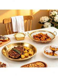 Brand New Gold-Plated Single Heavy-Duty Stainless Steel Fryer Rack And Drip Tray - Stackable Round Metal Mesh Basket With Drip Tray, Heat-Resistant, Durable For Frying, Stir-Frying, And Washing, Dishwasher (Multiple Options Available) - Multicolor - View 8