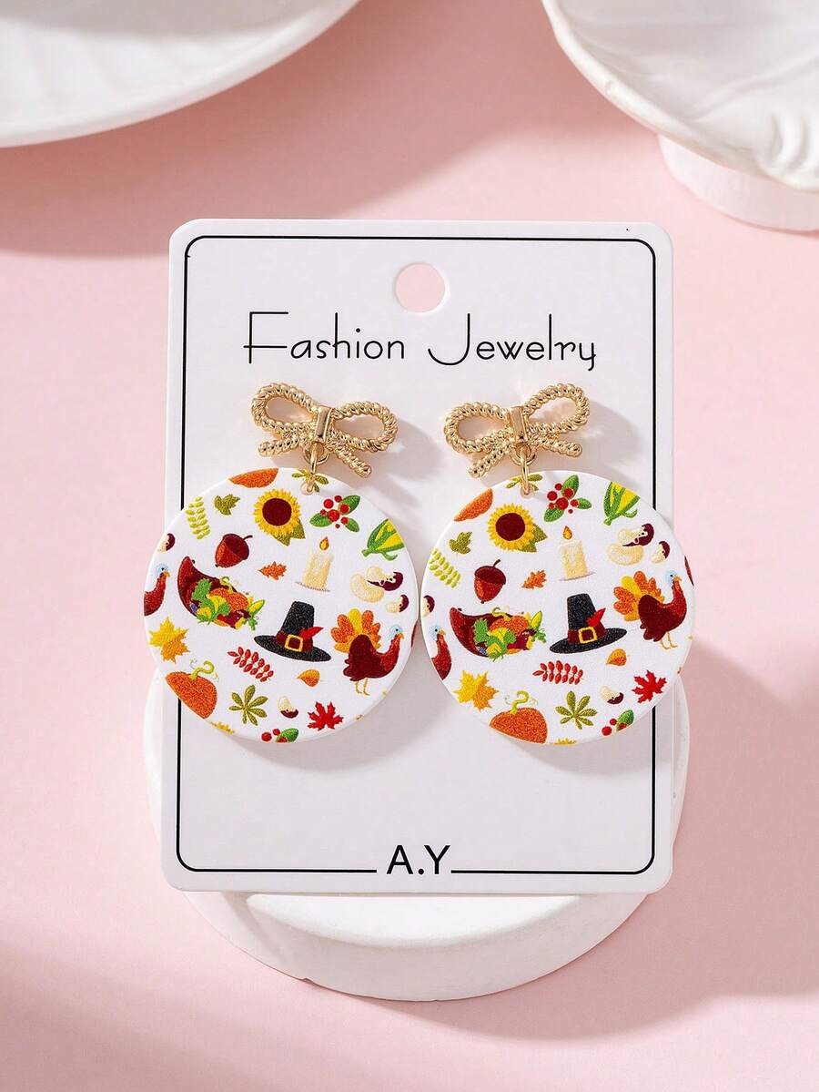 1 Pair Thanksgiving Bow Hat Turkey Design Women's Fashion Jewelry Earrings - Multicolor - View 1