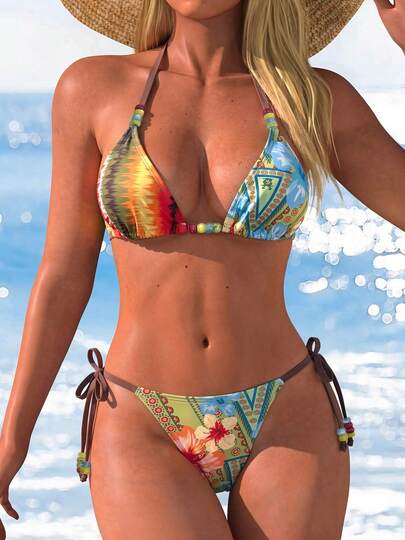Summer New Women's Halter Bikini Set, Colorful Floral Print, High Elasticity Casual Beach Vacation Party Elegant Swimwear