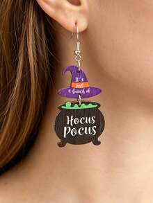 1 Pair European & American Vintage Double-Layer Wooden Earrings, Halloween Witch Hat & Magic Cauldron Fun Text Earrings - Black - View 3