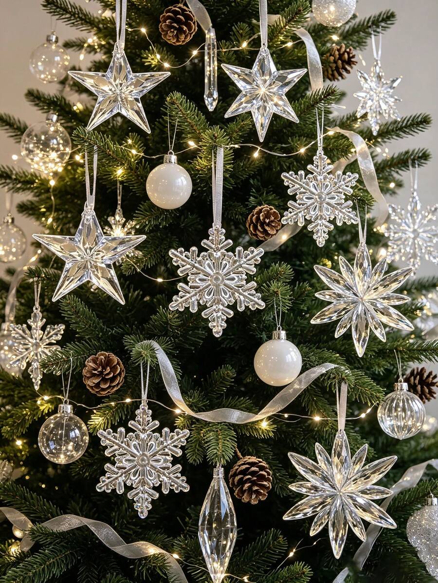 12pcs/3pcs Acrylic Crystal Snowflake Hanging Ornaments; Transparent Icicle, Star And Snowflake Christmas Tree Decorations; Winter Theme Party Decor; Holiday Wreath; And Fireplace Hanging Decor. - Multicolor - View 1