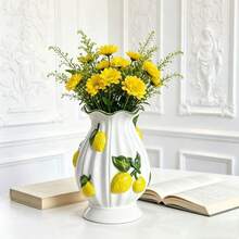 1pc 3D Lemon Embossed Ceramic Vase, White Wavy Edge, Decorative Vase, Home Tabletop Centerpiece - Multi-color - View 1