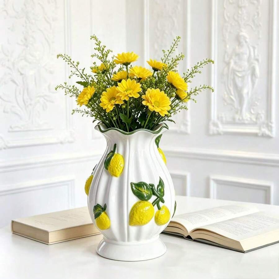 1pc 3D Lemon Embossed Ceramic Vase, White Wavy Edge, Decorative Vase, Home Tabletop Centerpiece - Multi-color - View 1