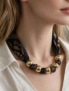 French Vintage Dark Silk Scarf, Bohemian Botanical Print Scarf Necklace, Versatile Neck Accessory For Vacation & Daily Wear,Necklaces For Women - Multicolor - View 2