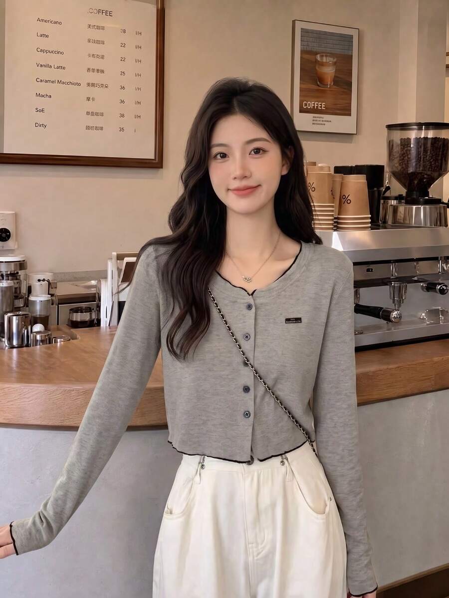 Contrast Color Ruffle Trim Short Knit Cardigan Sweater For Women, Spring - Grey - View 1