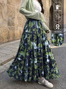 Falda larga de talla grande EARO, estampado abstracto, sin estiramiento, diseño fluido, de moda y versátil - Verde - Ver 1