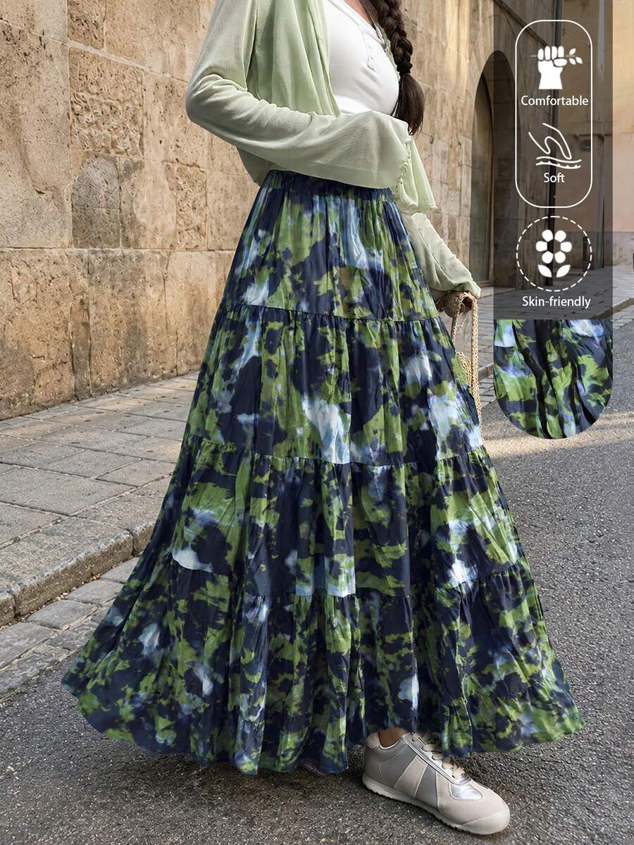 Falda larga de talla grande EARO, estampado abstracto, sin estiramiento, diseño fluido, de moda y versátil - Verde - Ver 1