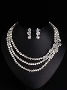 1set Multi-Layer Beaded Necklace + Earrings, Floral Set, Elegant Accessories For Women, Women's Jewelry Set, Pearl, Zirconia Decor, Premium Gift For Women - Jewelry Sets - View 15