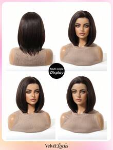 [Velvet Locks]New 13*4 Glueless Seamless Front Lace Wig 12 Inch Black Brown Short Straight Hair Wig Fashion Women No Bangs Pre-Cut Heat-Resistant Synthetic Fiber Soft Smooth Suitable For Beginners Daily Wear, Y2K Style, Party, Cosplay, Dance, Travel, Holiday - 黑棕色 - 查看 7