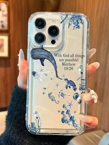 Unique And Fashionable Turtle Jellyfish Shark Letter Pattern Transparent Airbag Phone Case, Compatible With Models Such As 11, 12, 13, 14, 15, 16 ProMaxPlus And S22, 23, 24Plus Ultra. It Features Anti-Slip, Anti-Drop And Shock Absorption - Clear - View 1