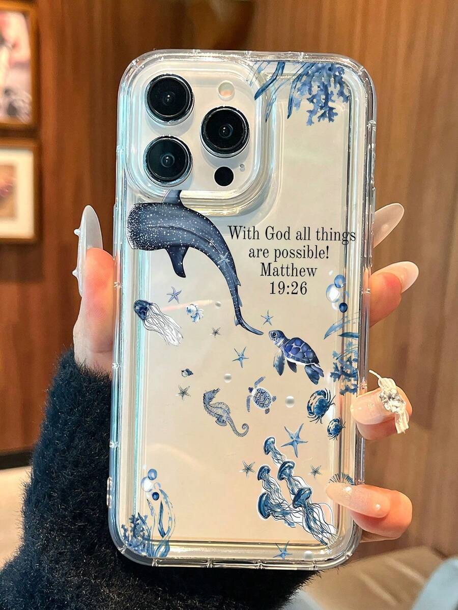 Unique And Fashionable Turtle Jellyfish Shark Letter Pattern Transparent Airbag Phone Case, Compatible With Models Such As 11, 12, 13, 14, 15, 16 ProMaxPlus And S22, 23, 24Plus Ultra. It Features Anti-Slip, Anti-Drop And Shock Absorption - Clear - View 1