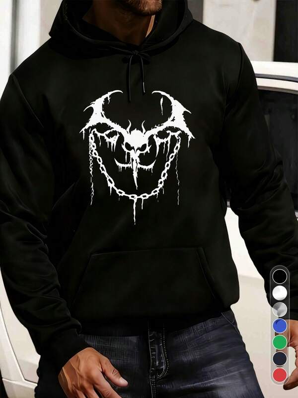 Sudadera con Capucha Gótica para Hombre con Diseño de Alas de Murciélago y Cuervo - Letras en Blanco y Negro, Ropa Urbana Gótica Lavable a Máquina para Adolescentes, Regalo Ideal para Hallow